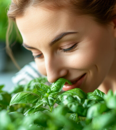 Frau riecht an frischem Basilikum – Symbol für Natürlichkeit und Genuss in der Küche