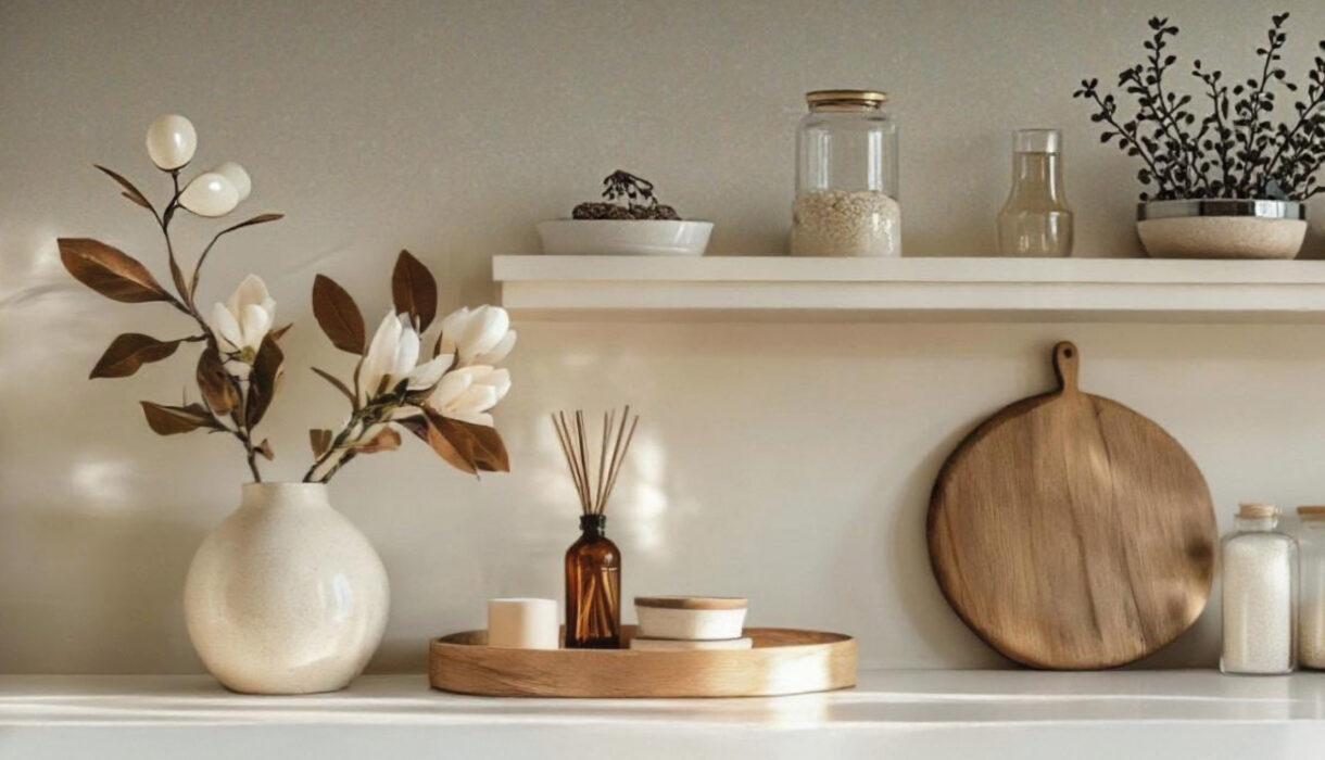 Offenes Küchenregal mit Glasbehältern, Vase und Holzbrett – natürliche Dekoration im modernen Stil