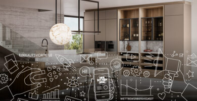 Moderne Küche mit grafischen Symbolen zu Einkaufsvorteilen, Marketing und Digitalisierung – Konzeptdarstellung für Vorteile im Kücheneinkauf.