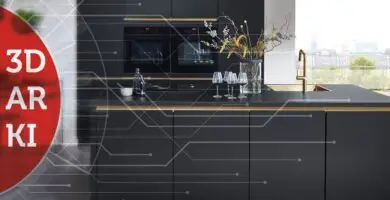 Bild zeigt eine schwarze Küche. Darüber liegt eine abstrakte Darstellung zur Digitalisierung im Küchenhandel und der Schriftzug "3D, AR, KI".