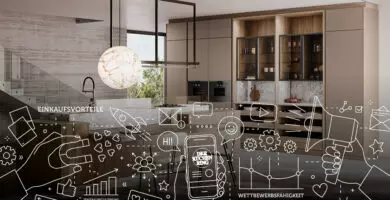 Moderne Küche mit grafischen Symbolen zu Einkaufsvorteilen, Marketing und Digitalisierung – Konzeptdarstellung für Vorteile im Kücheneinkauf.